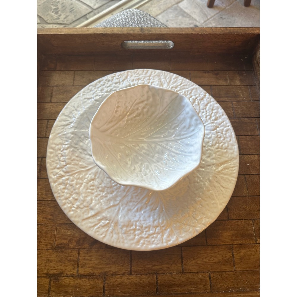 Bordallo Pinheiro White Cabbage Leaf Chip & Dip Set 12" Platter Bowl PortugalEUC